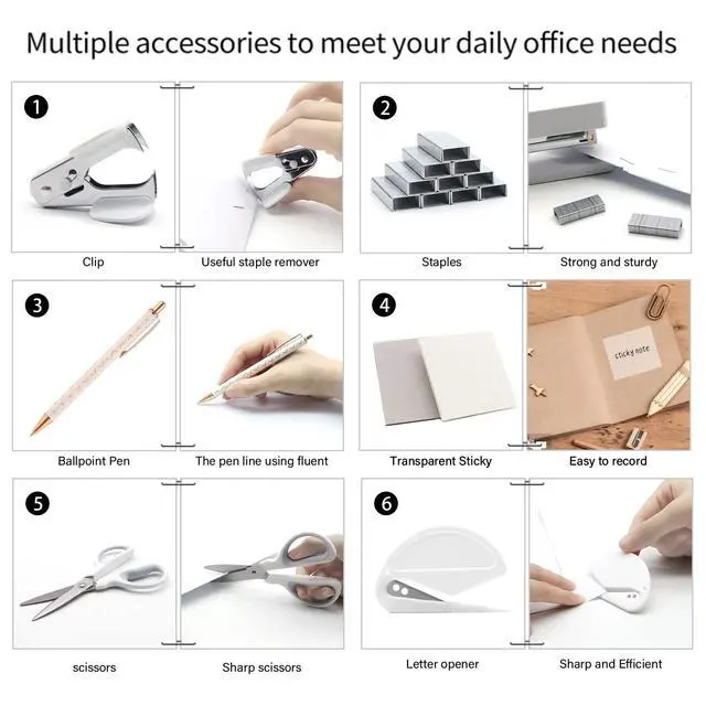 Alt view image 6 of 7 - White Office Supplies, Shellvcase White Desk Accessories, Stapler and Tape Dispenser Set for Women with Stapler, Tape Dispenser, Staple Remover, Staples, Clips, Scissor and Pens for Students
