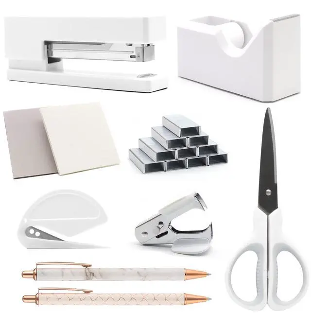 Main image of White Office Supplies, Shellvcase White Desk Accessories, Stapler and Tape Dispenser Set for Women with Stapler, Tape Dispenser, Staple Remover, Staples, Clips, Scissor and Pens for Students
