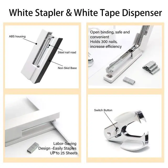 Alt view image 2 of 7 - White Office Supplies, Shellvcase White Desk Accessories, Stapler and Tape Dispenser Set for Women with Stapler, Tape Dispenser, Staple Remover, Staples, Clips, Scissor and Pens for Students