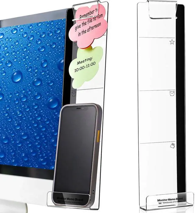 Main image of 2 Pcs Monitor Memo Board with Phone Holder, Clear Acrylic Computer Message Side Panel, Multifunctional Desktop Sticky Note Holder for Office Home, Left & Right