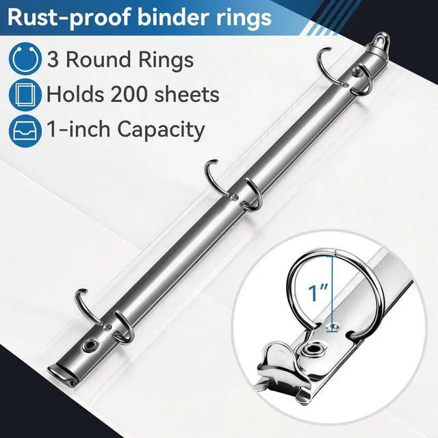 Alt view image 3 of 7 - 1-inch 3 Ring Binder with 2 Pockets, Clear Customizable View Binders for US Letter Size 8.5'' x 11'', PVC Free, 1'' Binder for Office, Home, and School, White, 6 Pack