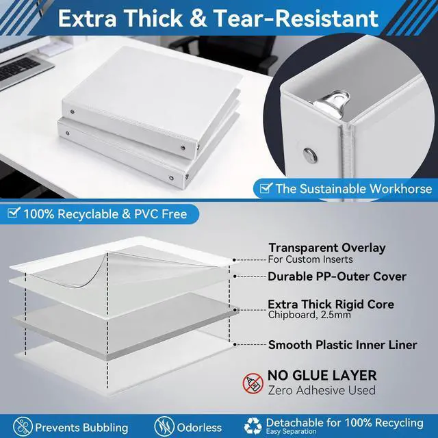 Alt view image 5 of 7 - 1-inch 3 Ring Binder with 2 Pockets, Clear Customizable View Binders for US Letter Size 8.5'' x 11'', PVC Free, 1'' Binder for Office, Home, and School, White, 6 Pack