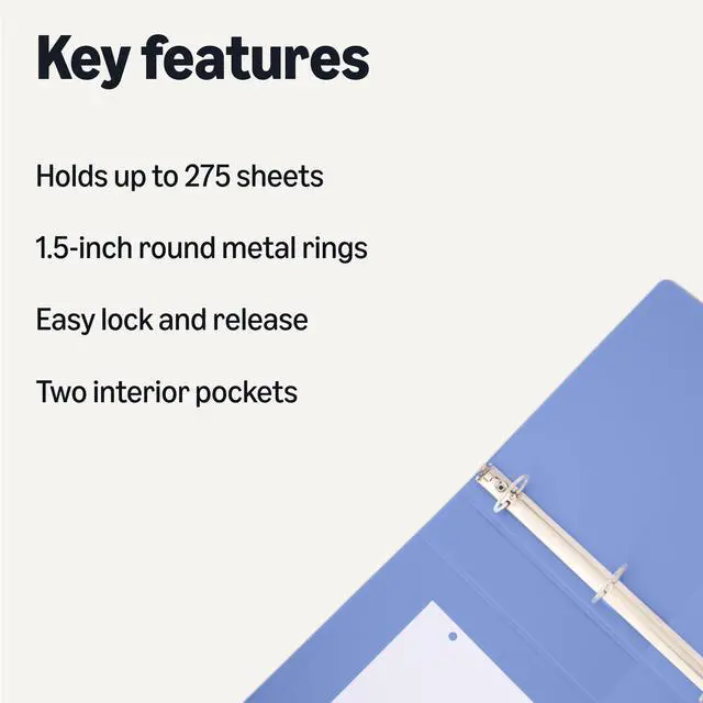 Alt view image 2 of 5 - 3 Ring 1.5 inch Binders with Round Metal Rings, Holds 275 Sheets, Assorted Colors, 4-Pack