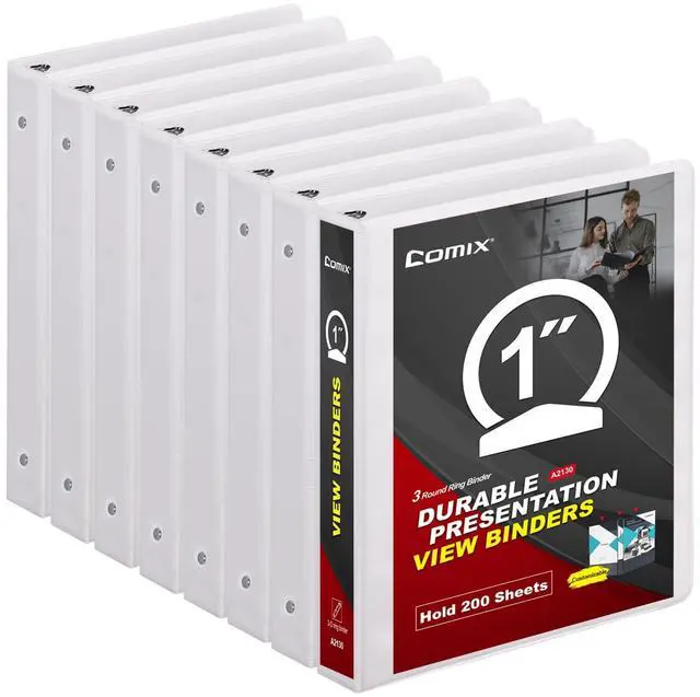 Main image of Sturdy 3 Ring Binder 1 inch with Clear View Cover, 1" Round Ring View Binder, PVC-Free, 2.4mm-Thick, 200 Sheets Capacity of US Letter Size Paper, Office School Supplies, 8 Pack (White)