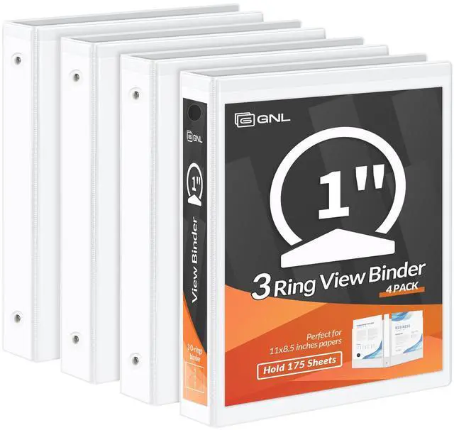 Main image of 3 Ring Binders 1 Inch Economy 4 Packs White, 1" Three Ring (Fits 175 Sheets of 8.5x11 Paper) Clear View PVC-Free & Non-Stick for School or Office Supplies