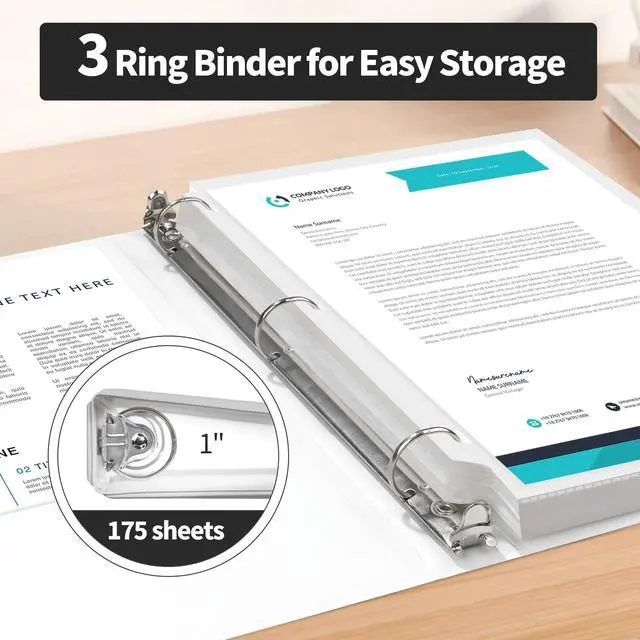 Alt view image 6 of 7 - 3 Ring Binders 1 Inch Economy 4 Packs White, 1" Three Ring (Fits 175 Sheets of 8.5x11 Paper) Clear View PVC-Free & Non-Stick for School or Office Supplies