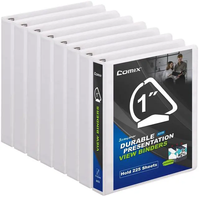 Main image of Sturdy 3-Ring-Binder 1-inch D Ring Binders, 2.4mm-Thick, Hold 225 Sheets of 8.5" x 11" Paper, 8 Pack (White)