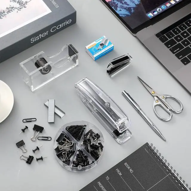 Main image of Office Supplies Set Desk Accessory Kit, Acrylic Stapler Set Staple Remover, Tape Dispenser, Binder Clips, Paper Clips, Ballpoint Pen and Scissor with 1000 Pieces 26/6 Staples (Black)