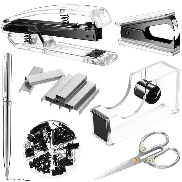 Alt view image 3 of 5 - Office Supplies Set Desk Accessory Kit, Acrylic Stapler Set Staple Remover, Tape Dispenser, Binder Clips, Paper Clips, Ballpoint Pen and Scissor with 1000 Pieces 26/6 Staples (Black)
