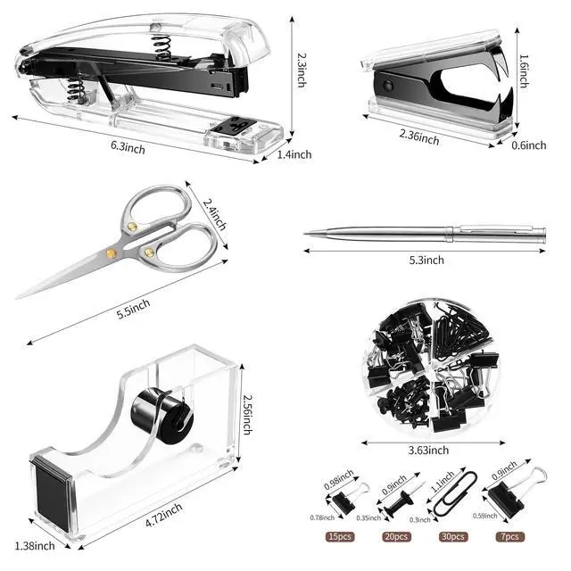 Alt view image 4 of 5 - Office Supplies Set Desk Accessory Kit, Acrylic Stapler Set Staple Remover, Tape Dispenser, Binder Clips, Paper Clips, Ballpoint Pen and Scissor with 1000 Pieces 26/6 Staples (Black)