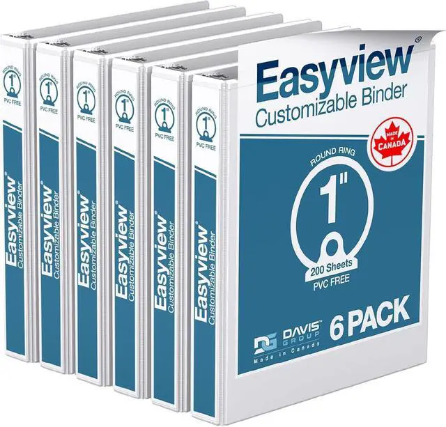 Main image of Easyview Premium 3-Ring Binders with Clear-View Covers and Round Rings, Binders for School or Office, 1 Inch, Pack of 6, White