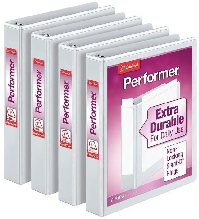 Main image of Performer 3-Ring Binders, 1", Non-Locking Slant-D Rings, 240-Sheet Capacity, ClearVue Presentation, Non-Stick, PVC-Free, White, 4-Pack (27200)