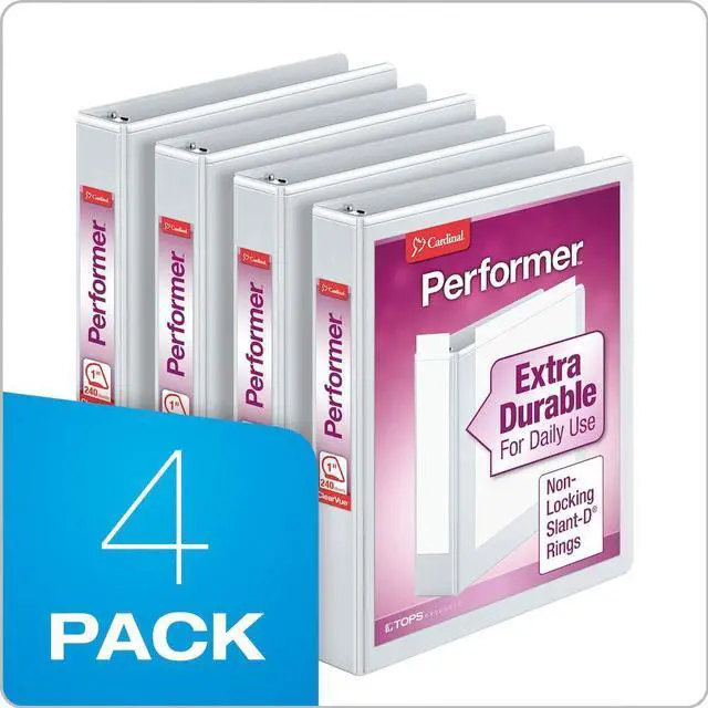 Alt view image 3 of 3 - Performer 3-Ring Binders, 1", Non-Locking Slant-D Rings, 240-Sheet Capacity, ClearVue Presentation, Non-Stick, PVC-Free, White, 4-Pack (27200)