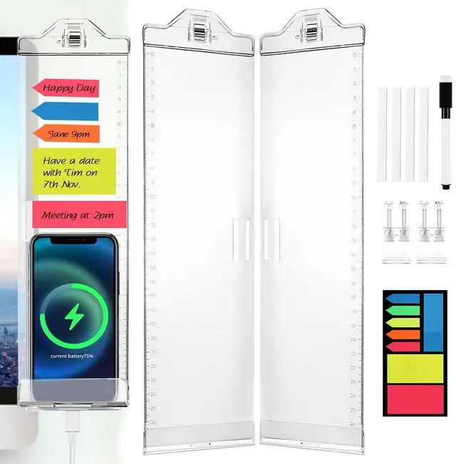 Main image of Monitor Memo Boards for Computer, Whole Transparent 2 Pack (Left & Right) Multifunction Acrylic Screen Message Reminder Pad Side Panel Phone Holder Organizer for Office Desktop, with Pen & Sticky Note