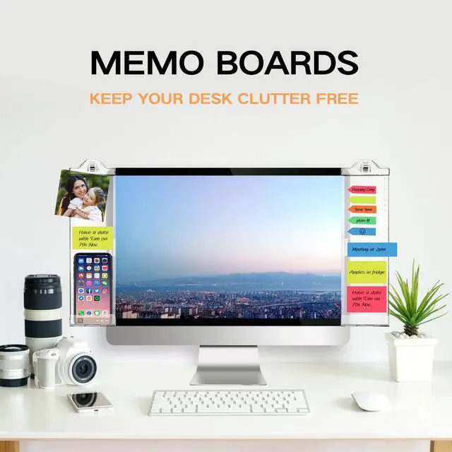 Alt view image 2 of 7 - Monitor Memo Boards for Computer, Whole Transparent 2 Pack (Left & Right) Multifunction Acrylic Screen Message Reminder Pad Side Panel Phone Holder Organizer for Office Desktop, with Pen & Sticky Note