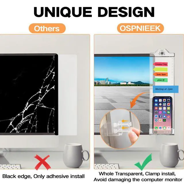 Alt view image 4 of 7 - Monitor Memo Boards for Computer, Whole Transparent 2 Pack (Left & Right) Multifunction Acrylic Screen Message Reminder Pad Side Panel Phone Holder Organizer for Office Desktop, with Pen & Sticky Note