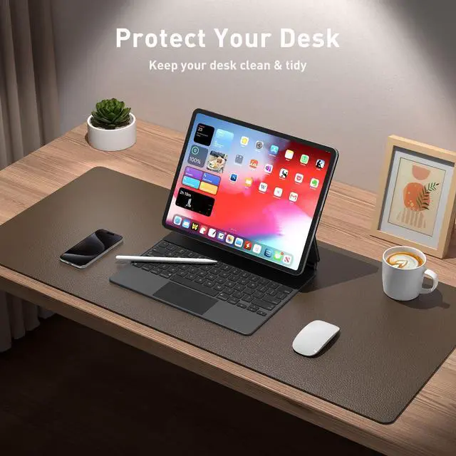Alt view image 3 of 7 - Leather Desk Pad Protector, Office Mat, Large Mouse Pad, Non-Slip PU Leather Blotter, Laptop Desk Pad, Waterproof Writing Pad for Office and Home (Coffee, 31.5" x 15.7")