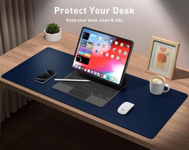 Alt view image 3 of 7 - Leather Desk Pad Protector, Mouse Pad, Office Desk Mat, Non-Slip PU Leather Desk Blotter, Laptop Desk Pad, Waterproof Desk Writing Pad for Office and Home(Dark Blue,31.5" x 15.7")
