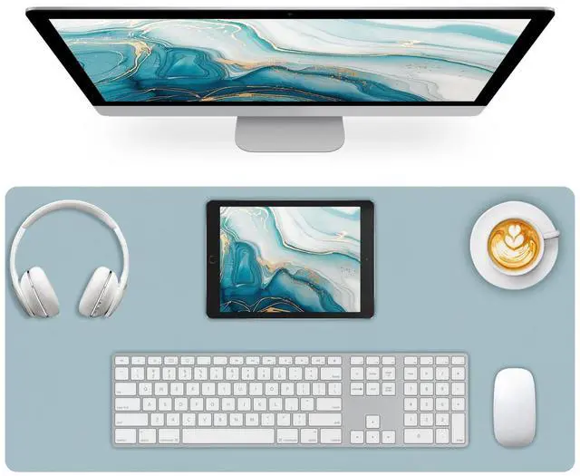 Main image of Large Desk Pad Mat, Leather Blue Desk Mat for Desktop, Computer Desk Mouse Pad Non-Slip, Waterproof Keyboard Mat for Office/Home/Decor, 23.6" x 13.7"