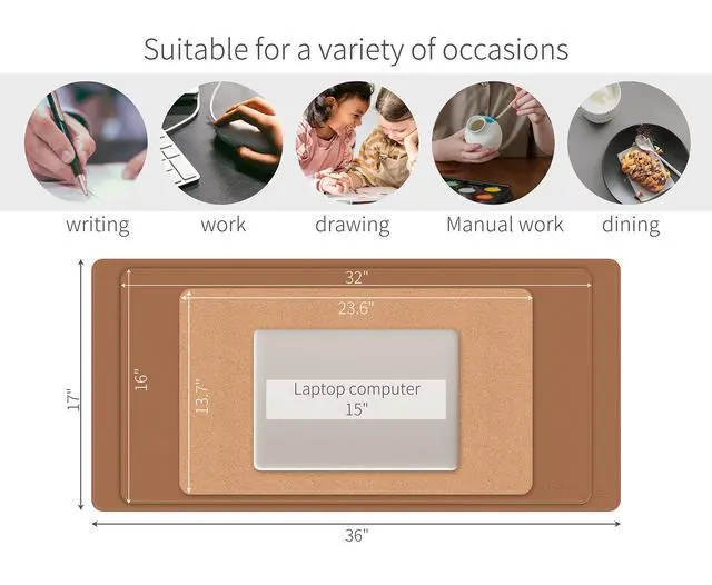 Alt view image 6 of 7 - Dual-Sided Desk Pad, Natural Cork & PU Leather Large Mouse mats for Office and Home Work, Desk Protector Non-Slip, Waterproof, Easy Clean (Brown, 36"x17")