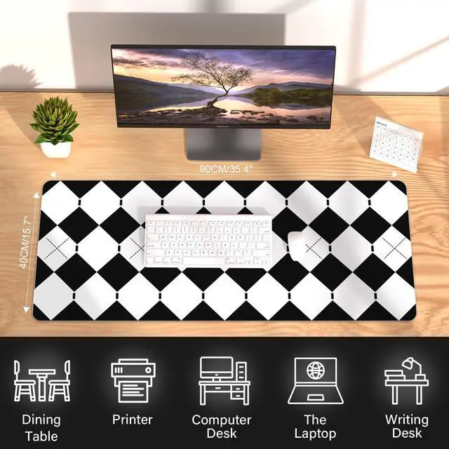 Alt view image 4 of 6 - Checkered Desk Pad PU Leather Desk Pad Protector, Non-Slip Office Desk Mat for Desk, Waterproof Desk Blotter Pad, Easy Clean Laptop Writing Mat for Work/Home/Decor (35.4" x 15.7", White Black)