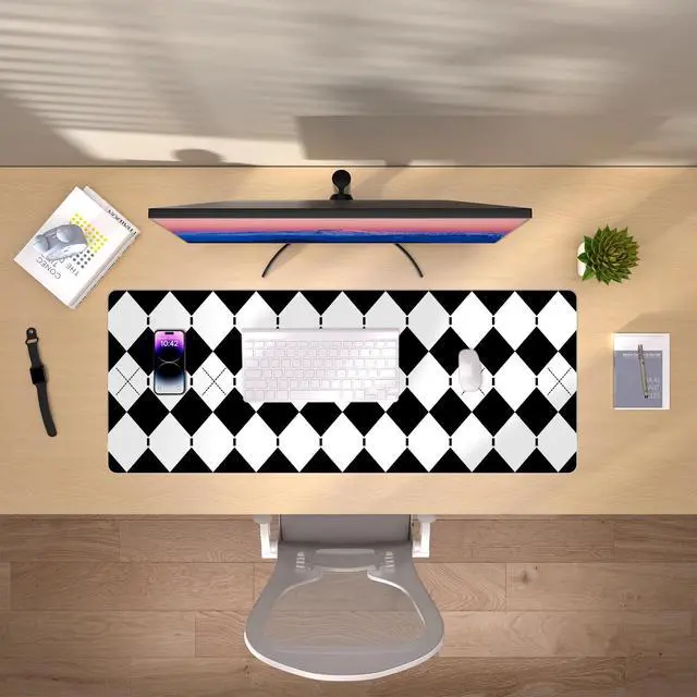 Alt view image 5 of 6 - Checkered Desk Pad PU Leather Desk Pad Protector, Non-Slip Office Desk Mat for Desk, Waterproof Desk Blotter Pad, Easy Clean Laptop Writing Mat for Work/Home/Decor (35.4" x 15.7", White Black)