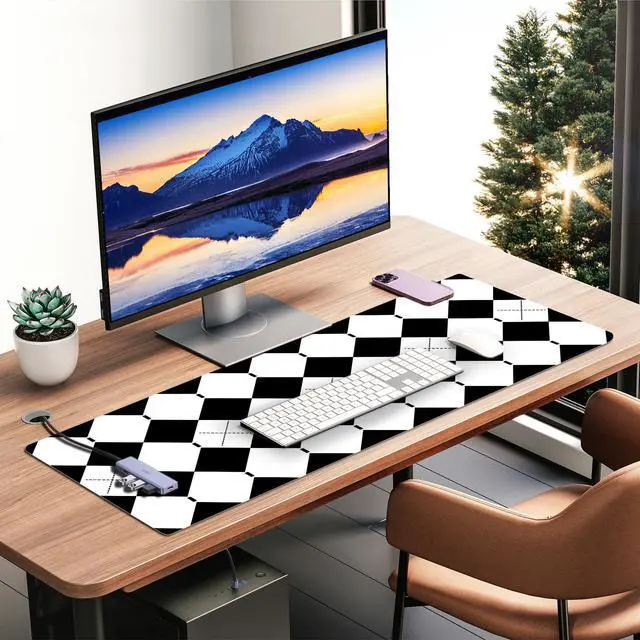 Alt view image 6 of 6 - Checkered Desk Pad PU Leather Desk Pad Protector, Non-Slip Office Desk Mat for Desk, Waterproof Desk Blotter Pad, Easy Clean Laptop Writing Mat for Work/Home/Decor (35.4" x 15.7", White Black)