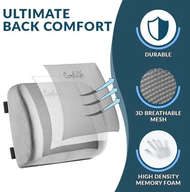 Alt view image 2 of 7 - Lumbar Support Back Pillow Office Chair and Car Seat Cushion - Memory Foam with Adjustable Strap and Breathable 3D Mesh (Gray)