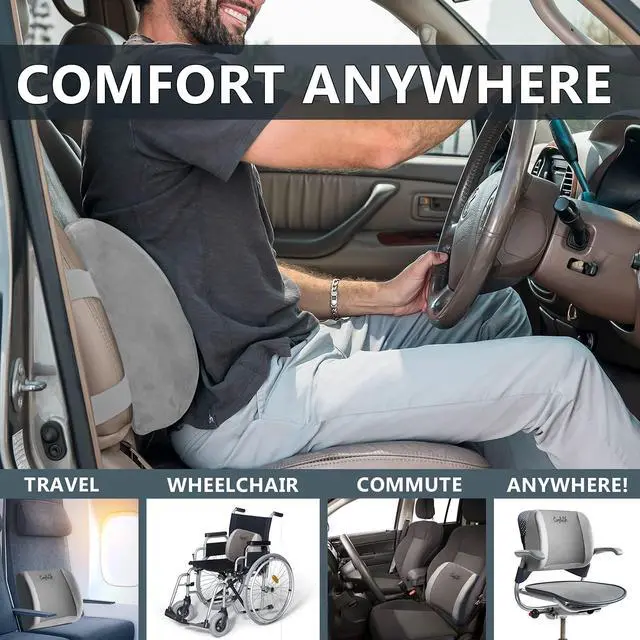 Alt view image 6 of 7 - Lumbar Support Back Pillow Office Chair and Car Seat Cushion - Memory Foam with Adjustable Strap and Breathable 3D Mesh (Gray)