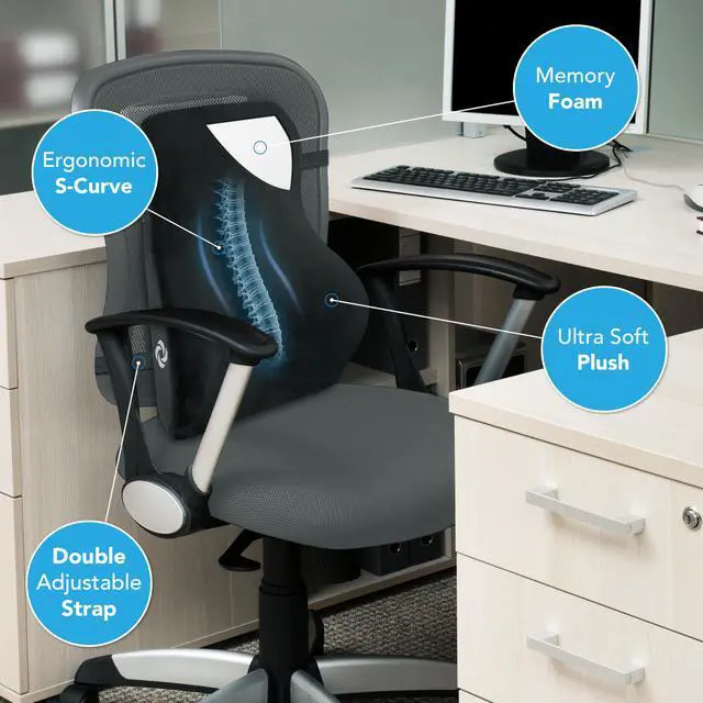 Alt view image 6 of 7 - Memory Foam Lumbar Support Pillow, Ergonomic Back Cushion for Office Chair, Gaming Chair, Automotive Full Back Support, Home Essentials for Sitting Comfort and Posture Relief, Black