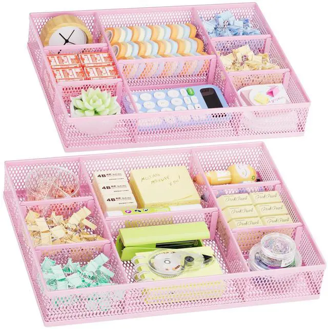 Main image of 2 Pack Desk Drawer Organizer, Mesh Drawer Organizer Tray with 8 Adjustable Compartments, Desk Organizers and Accessories, 5 Dividers Drawer for Office Supplies, Makeup & Vanity (Pink)