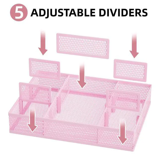 Alt view image 2 of 7 - 2 Pack Desk Drawer Organizer, Mesh Drawer Organizer Tray with 8 Adjustable Compartments, Desk Organizers and Accessories, 5 Dividers Drawer for Office Supplies, Makeup & Vanity (Pink)