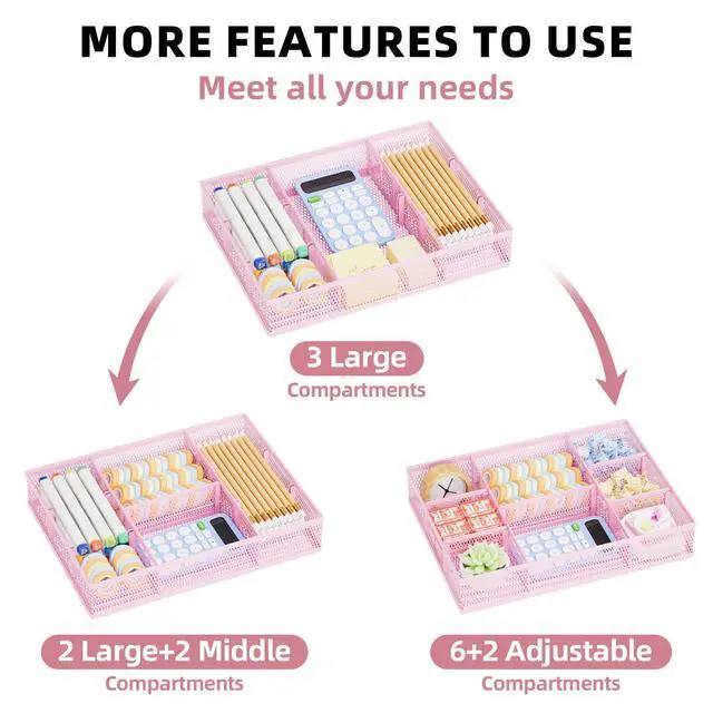 Alt view image 4 of 7 - 2 Pack Desk Drawer Organizer, Mesh Drawer Organizer Tray with 8 Adjustable Compartments, Desk Organizers and Accessories, 5 Dividers Drawer for Office Supplies, Makeup & Vanity (Pink)