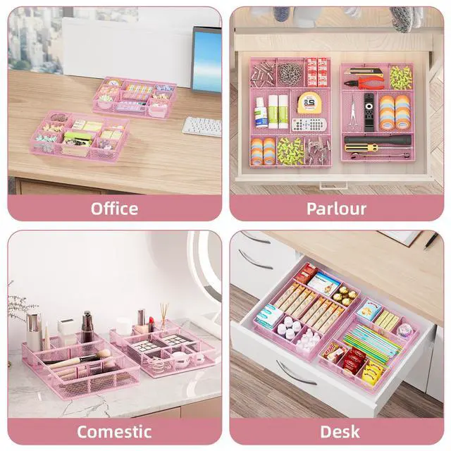 Alt view image 3 of 7 - 2 Pack Desk Drawer Organizer, Mesh Drawer Organizer Tray with 8 Adjustable Compartments, Desk Organizers and Accessories, 5 Dividers Drawer for Office Supplies, Makeup & Vanity (Pink)