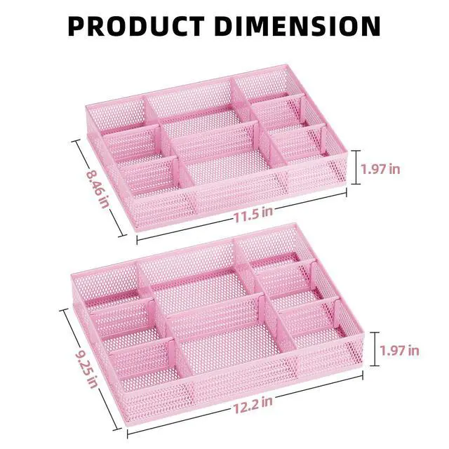 Alt view image 5 of 7 - 2 Pack Desk Drawer Organizer, Mesh Drawer Organizer Tray with 8 Adjustable Compartments, Desk Organizers and Accessories, 5 Dividers Drawer for Office Supplies, Makeup & Vanity (Pink)