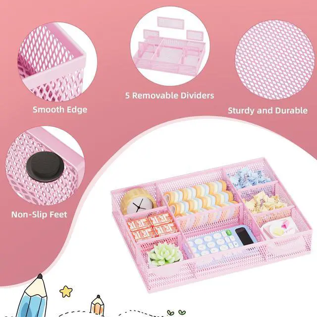 Alt view image 6 of 7 - 2 Pack Desk Drawer Organizer, Mesh Drawer Organizer Tray with 8 Adjustable Compartments, Desk Organizers and Accessories, 5 Dividers Drawer for Office Supplies, Makeup & Vanity (Pink)