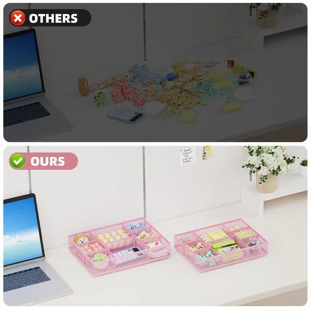 Alt view image 7 of 7 - 2 Pack Desk Drawer Organizer, Mesh Drawer Organizer Tray with 8 Adjustable Compartments, Desk Organizers and Accessories, 5 Dividers Drawer for Office Supplies, Makeup & Vanity (Pink)