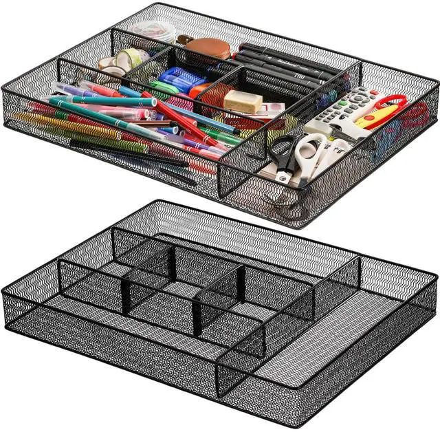 Main image of 2 Pack Mesh Desk Drawer Organizer, 16.1"x12.2"x2" Large Desk Organizer Tray with 2 Removable Dividers, 6 Compartment Metal Organizers for Home, Office, Makeup & Vanity