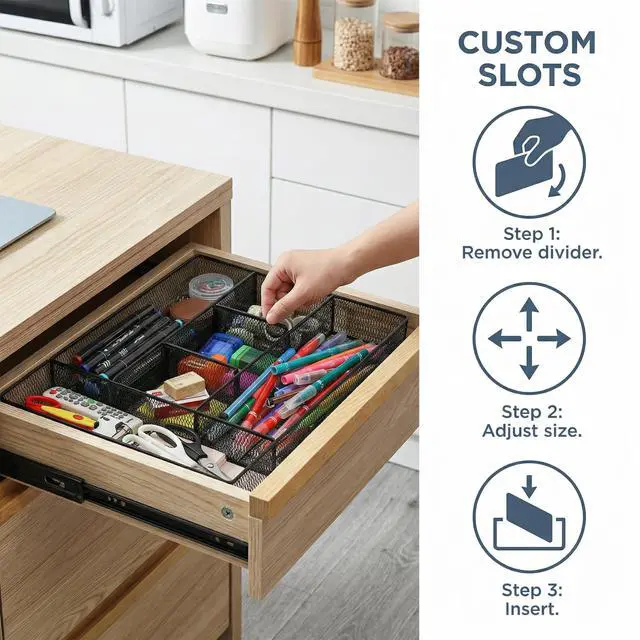 Alt view image 3 of 7 - 2 Pack Mesh Desk Drawer Organizer, 16.1"x12.2"x2" Large Desk Organizer Tray with 2 Removable Dividers, 6 Compartment Metal Organizers for Home, Office, Makeup & Vanity