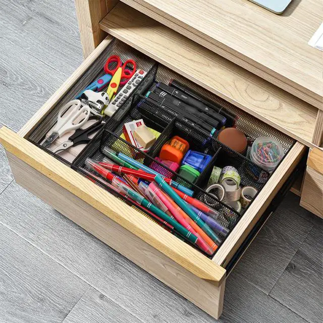 Alt view image 6 of 7 - 2 Pack Mesh Desk Drawer Organizer, 16.1"x12.2"x2" Large Desk Organizer Tray with 2 Removable Dividers, 6 Compartment Metal Organizers for Home, Office, Makeup & Vanity
