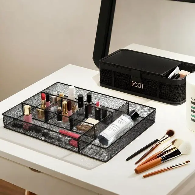 Alt view image 7 of 7 - 2 Pack Mesh Desk Drawer Organizer, 16.1"x12.2"x2" Large Desk Organizer Tray with 2 Removable Dividers, 6 Compartment Metal Organizers for Home, Office, Makeup & Vanity