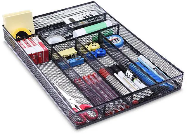 Main image of Desk Drawer Organizer with 6 Compartments, Mesh Drawer Organizer Tray for Stationery, Office Supplies Desktop Storage, Black
