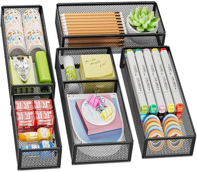 Main image of 5 Pack Desk Drawer Organizer Set, Mesh Drawer Storage Trays with 1 Adjustable Divider, Desk Organizers and Accessories, 5 PCS Drawer for Office Supplies, Makeup & Vanity (Black)