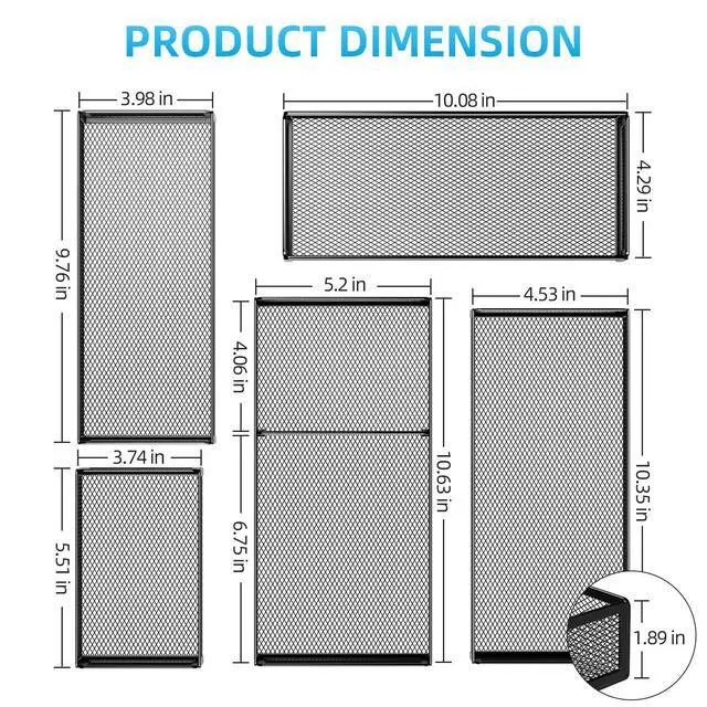 Alt view image 2 of 7 - 5 Pack Desk Drawer Organizer Set, Mesh Drawer Storage Trays with 1 Adjustable Divider, Desk Organizers and Accessories, 5 PCS Drawer for Office Supplies, Makeup & Vanity (Black)