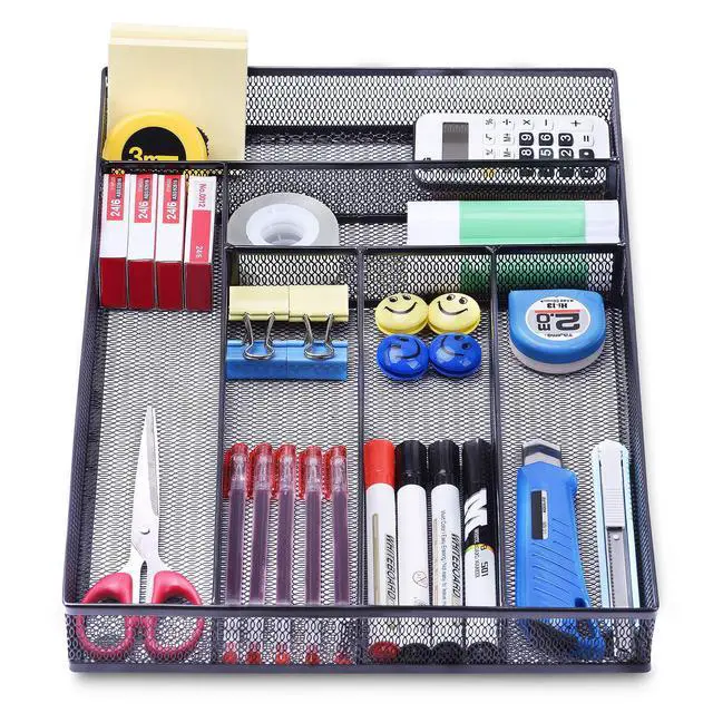 Alt view image 2 of 7 - Desk Drawer Organizer with 6 Compartments, Mesh Drawer Organizer Tray for Stationery, Office Supplies Desktop Storage, Black