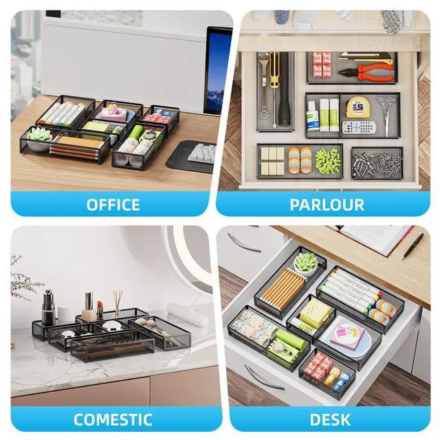 Alt view image 3 of 7 - 5 Pack Desk Drawer Organizer Set, Mesh Drawer Storage Trays with 1 Adjustable Divider, Desk Organizers and Accessories, 5 PCS Drawer for Office Supplies, Makeup & Vanity (Black)
