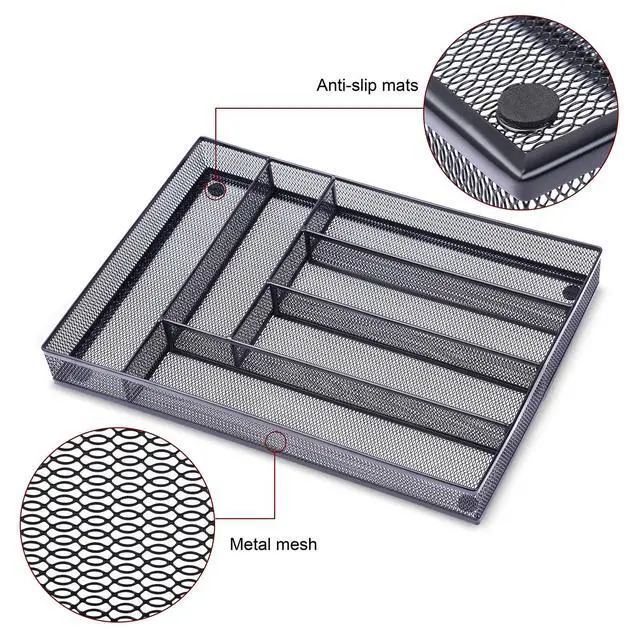 Alt view image 5 of 7 - Desk Drawer Organizer with 6 Compartments, Mesh Drawer Organizer Tray for Stationery, Office Supplies Desktop Storage, Black