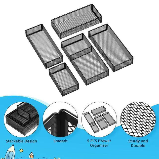 Alt view image 5 of 7 - 5 Pack Desk Drawer Organizer Set, Mesh Drawer Storage Trays with 1 Adjustable Divider, Desk Organizers and Accessories, 5 PCS Drawer for Office Supplies, Makeup & Vanity (Black)