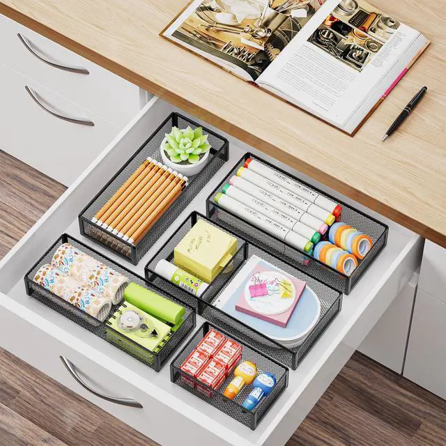 Alt view image 6 of 7 - 5 Pack Desk Drawer Organizer Set, Mesh Drawer Storage Trays with 1 Adjustable Divider, Desk Organizers and Accessories, 5 PCS Drawer for Office Supplies, Makeup & Vanity (Black)