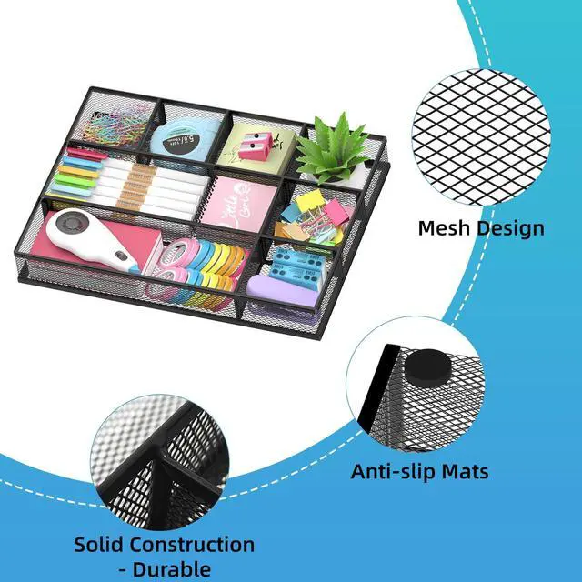 Alt view image 3 of 7 - 2 Pack Mesh Drawer Organizer, Metal Desk Drawer Organizer Tray with 8 Adjustable Compartments, Desk Organizers and Accessories for Office Supplies, Kitchen, Makeup & Vanity (Black)